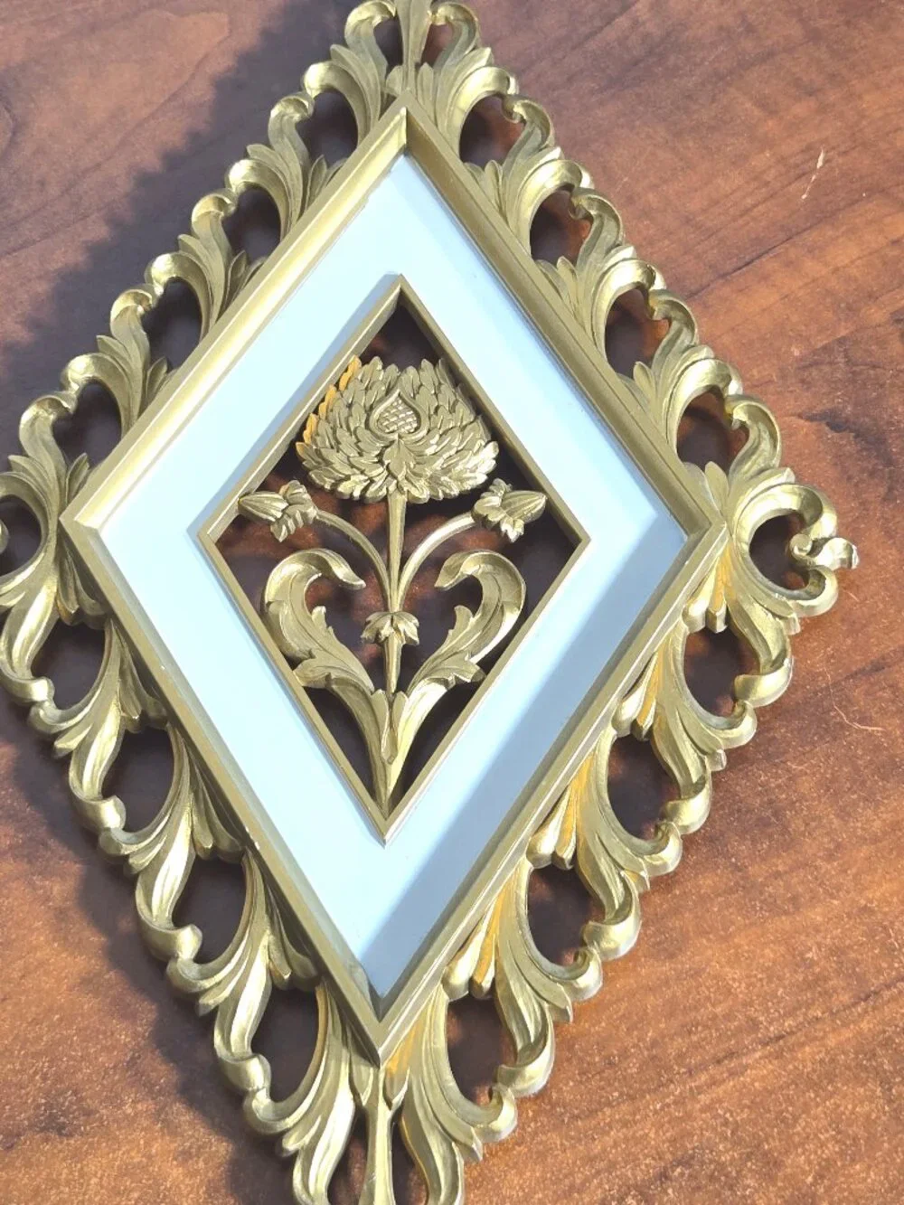 Vintage 1970s Homco Gold Diamond Floral Wall Art - Faux Wood Resin Set of 4